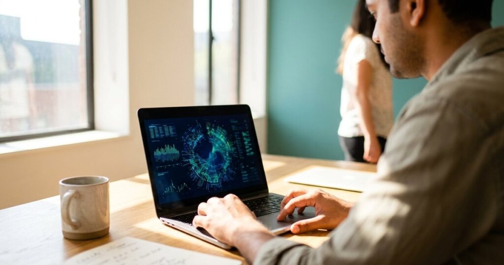 An Indian founder engages with AI tools on a laptop, reflecting on personal mastery and organizational success.