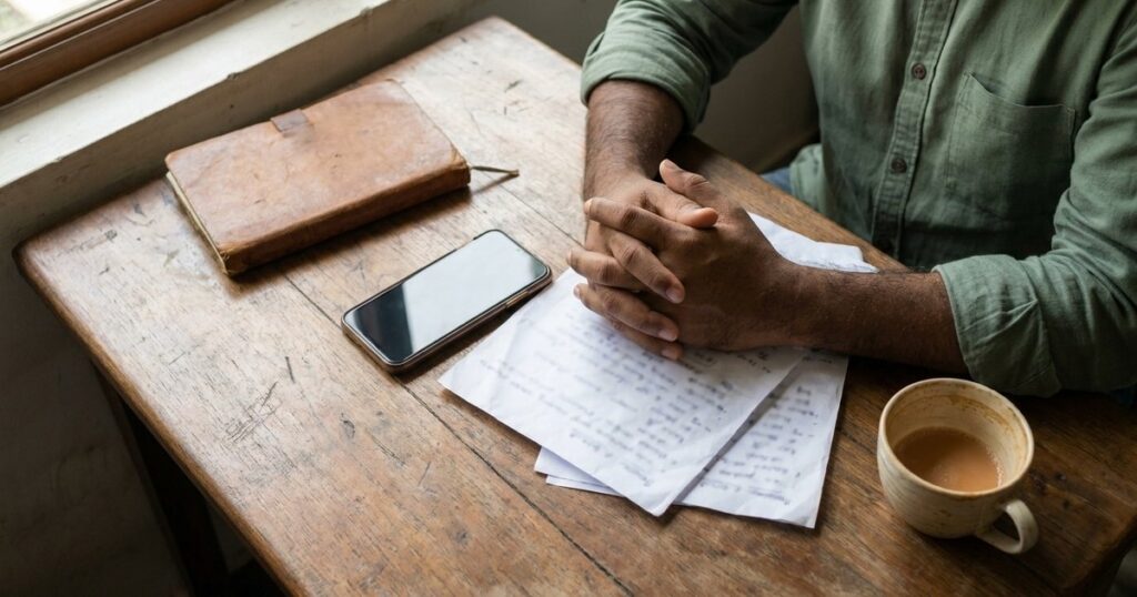 Overhead view of a founder's hands on a table with abstract papers, symbolizing negotiation mistakes in startups.