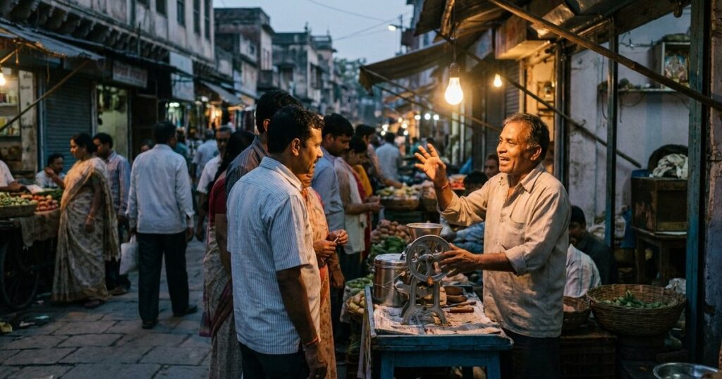 An Indian vendor energetically engages a customer at an outdoor market, illustrating the power of enthusiasm in sales.