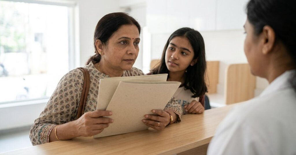 Indian parent considers education options, illustrating willingness to pay for premium learning.