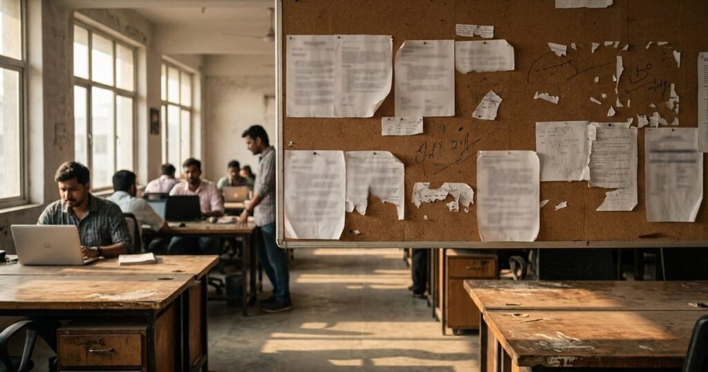 Notice board in an Indian startup office with blurred papers, symbolizing the challenges of bad hires in India.