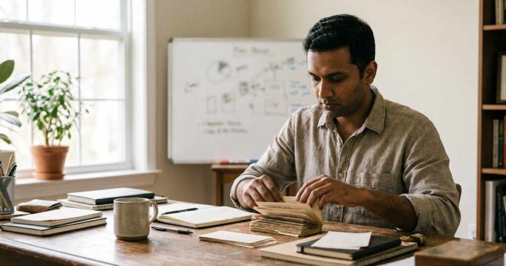 Founder organizes index cards at a bright desk, illustrating overcoming fear in sales through preparation and organization.