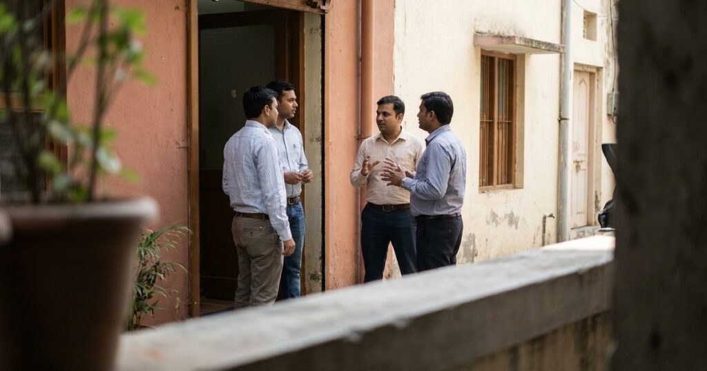 Indian professionals discuss mental models outside a startup office, highlighting resilience in business strategies.