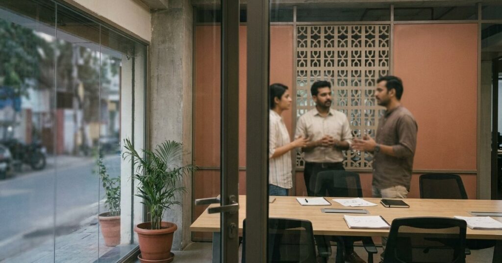View into an Indian startup office discussing hiring mistakes; blurred figures converse behind an ajar glass door.