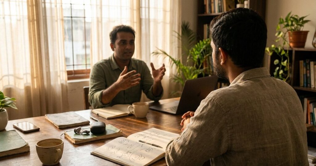 Indian founders in a sunlit office discuss startup strategies, focusing on negotiations in the startup lifecycle.