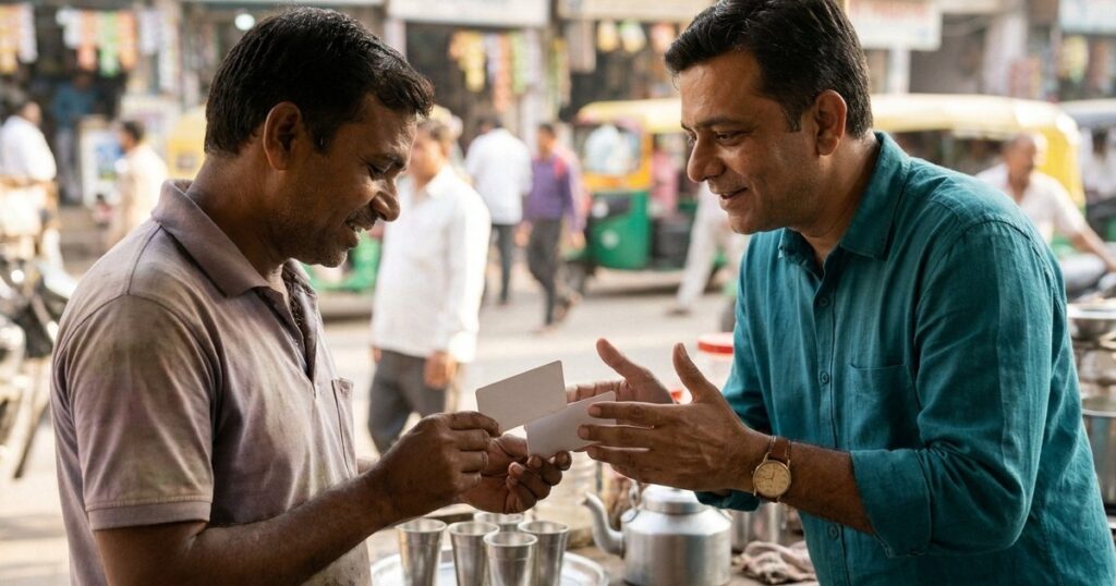 Indian founder and small-business owner compare service options while discussing willingness to pay.