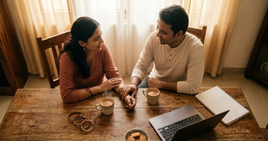 An Indian couple discusses spousal roles in entrepreneurship over chai at their dining table, highlighting unseen contributions.