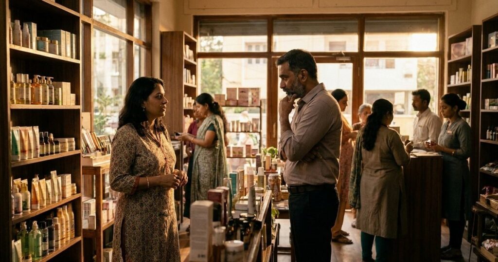 Indian founder planning a trusted beauty destination in a warm, busy cosmetics shop