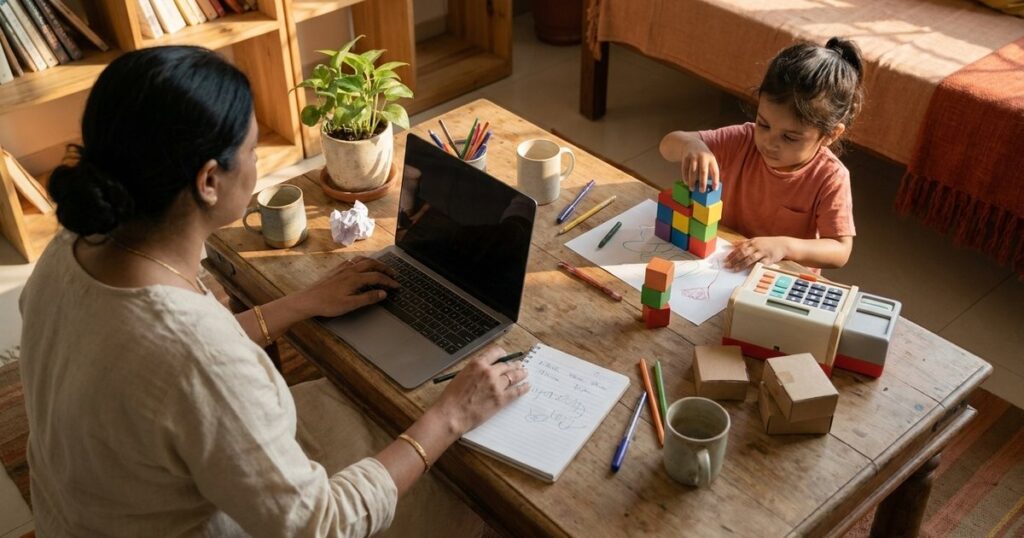 An Indian founder and child engage in a simple business activity, reflecting on family and entrepreneurship balance.