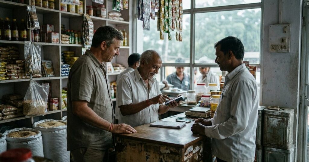 Indian founder and shopkeeper evaluate a simple customer service feature in a neighborhood kirana shop.