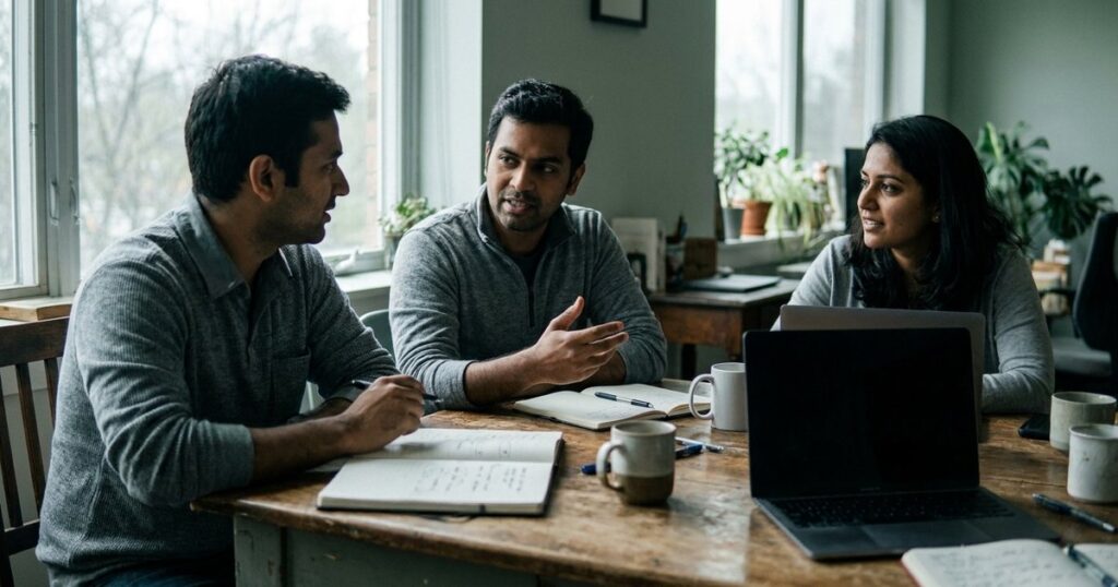 Indian startup founders in a discussion at a table, reflecting on creating shared vision and alignment without bureaucracy.