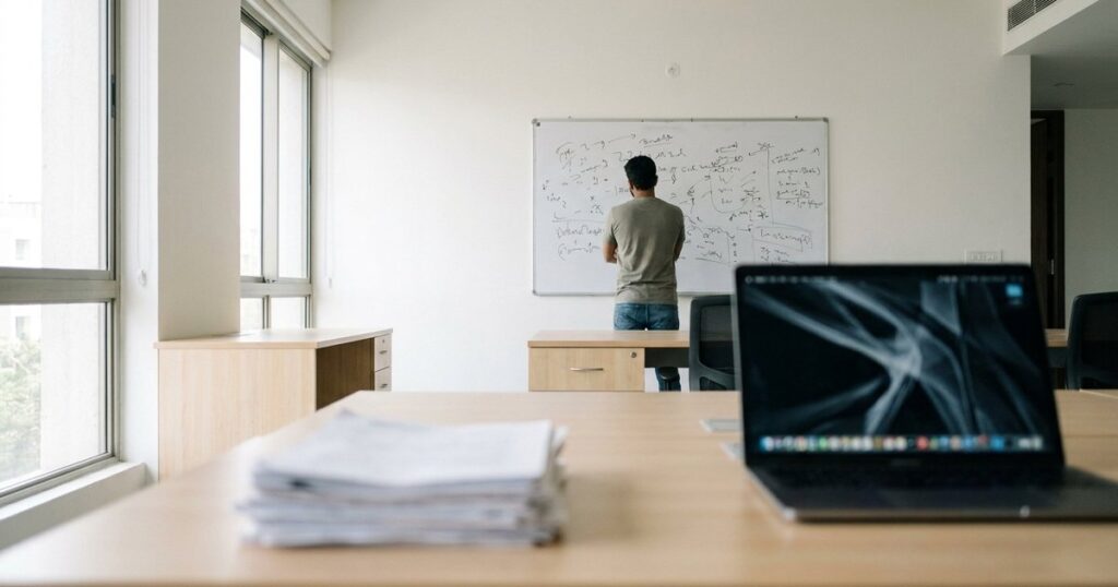 A founder in an Indian office reviews a scribbled whiteboard, illustrating the structured Four-Pillar hiring framework.