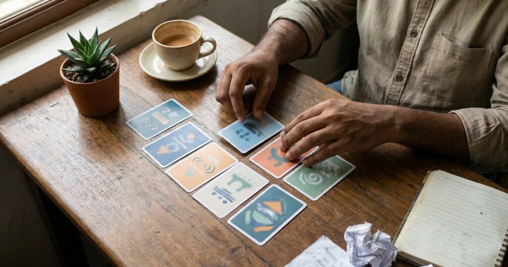 Indian founder sorting scenario cards on a sunlit table, illustrating negotiation strategies for preventing issues.