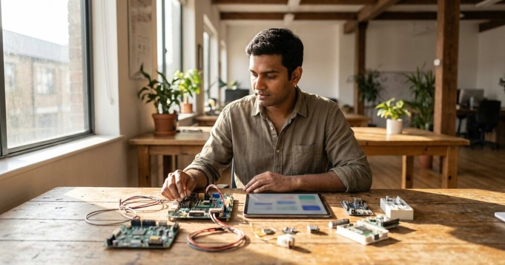 Indian founder in an office examines AI tools on a table, highlighting AI for bootstrapping businesses.