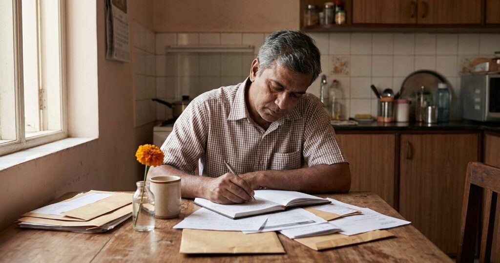 An Indian founder drafts a document at a kitchen table, highlighting issues of borrowing from relatives.