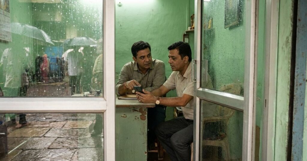 Indian professionals compare payment options while discussing pricing models in a monsoon-lit office
