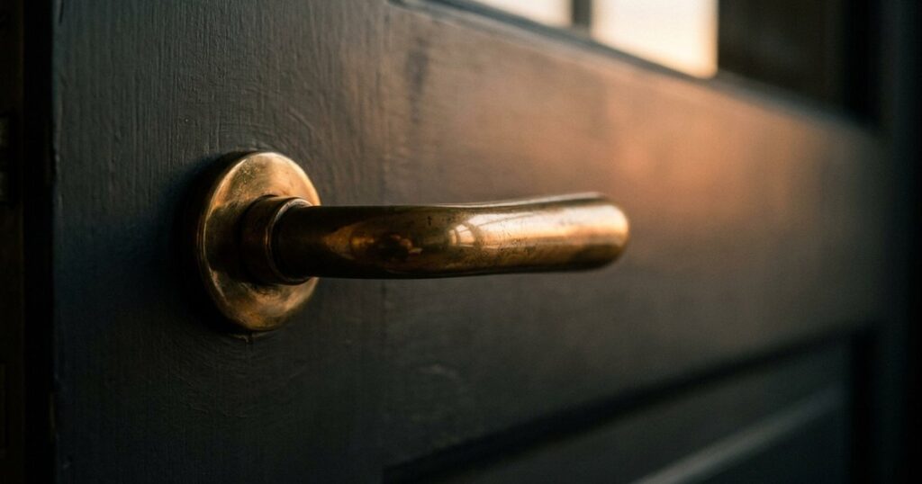 Close-up of a brass door handle symbolizes creating a scorecard for hiring A Players in an office setting.