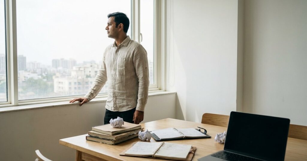 Indian founder in a sunlit office reflects beside a window, embodying strategic preparation for startup negotiations.