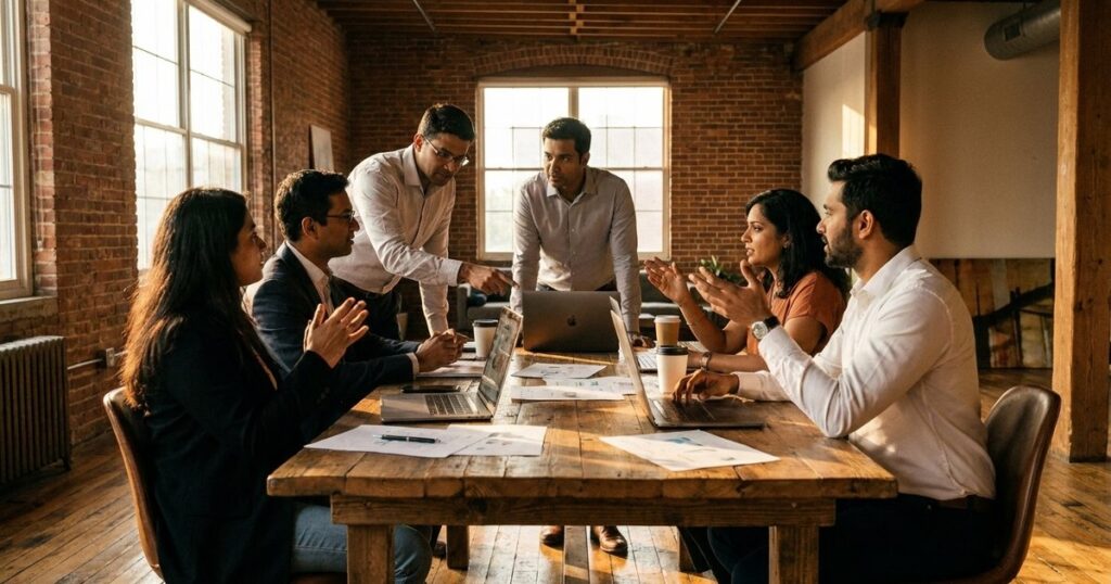 Indian startup team in a bright open office discussing how team learning transforms work into collective intelligence.
