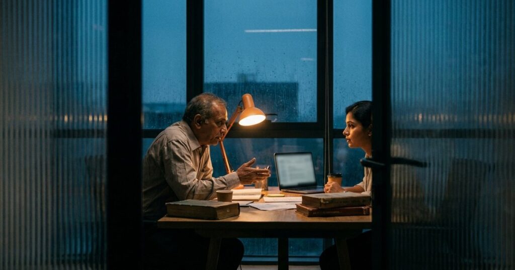 Two professionals discuss building trust and knowledge in a dimly lit office, seen through a glass partition.