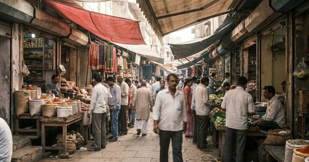 Indian market scene with entrepreneurs and goods, illustrating bootstrapped companies' growth strategies.