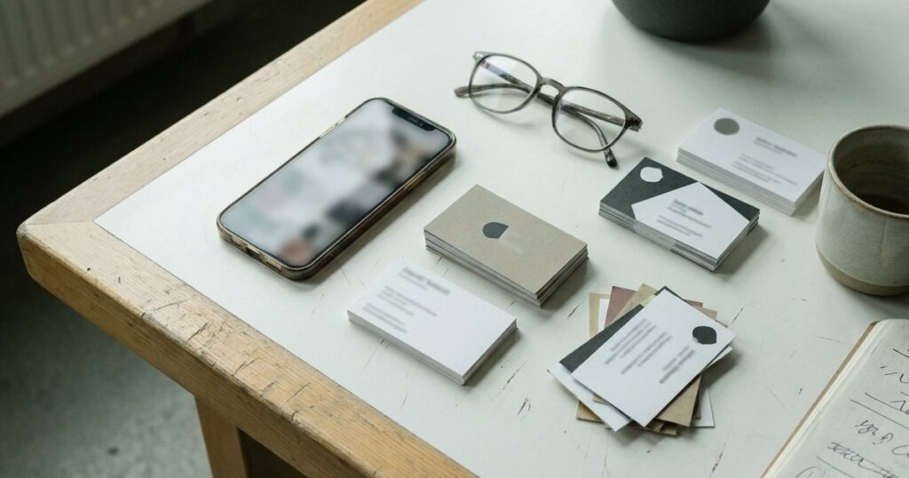 A flat-lay of a desk with business cards, a smartphone, and glasses, illustrating proactive talent sourcing strategies.