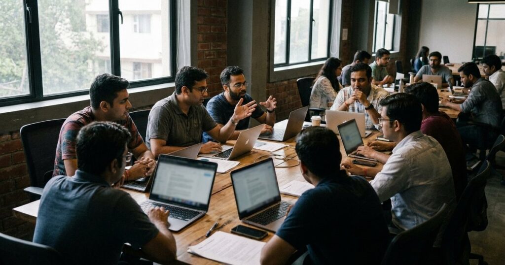 First-time founders discuss sales strategies in a bright co-working space, symbolizing sales closing techniques.
