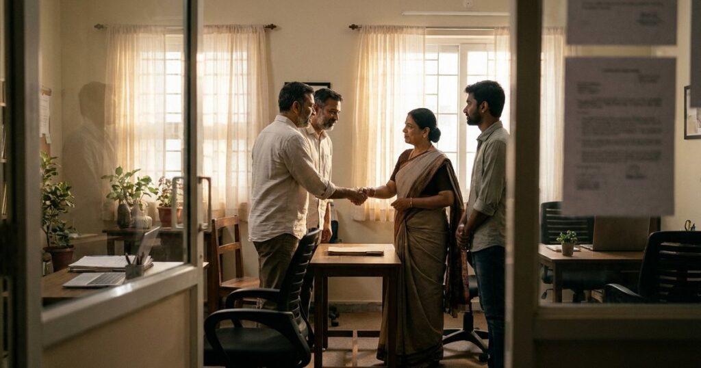 Indian startup leaders meet a government health official while building a campaign plan and stakeholder team.