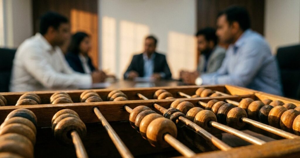 Close-up of an abacus with Indian professionals discussing systems thinking in a blurred boardroom background.