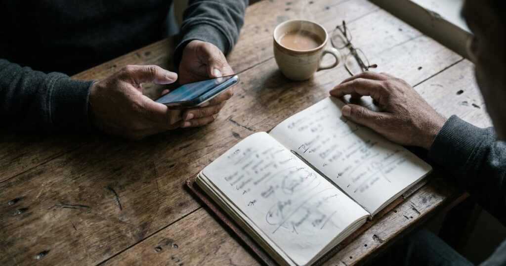 An Indian founder uses AI tools on a smartphone at a wooden table, emphasizing AI's role in balancing family and work life.
