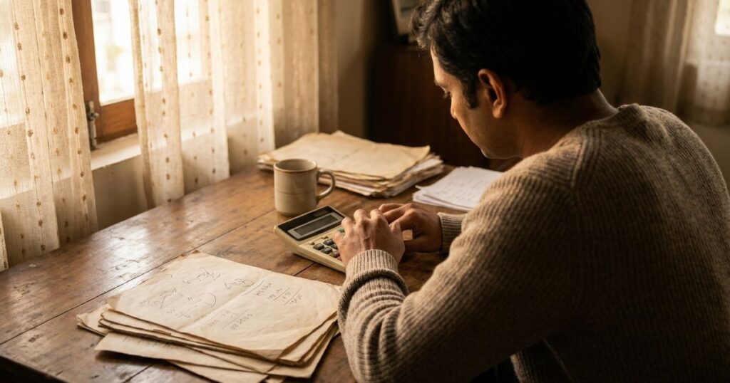 Indian founder in a home office reviews papers, reflecting on sustainable growth and financial health challenges.