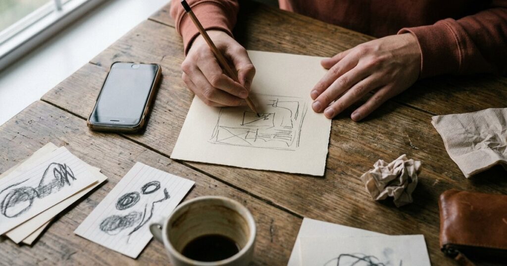 Hands sketching a product diagram on paper amidst natural clutter, reflecting the theme of founder-led sales in startups.