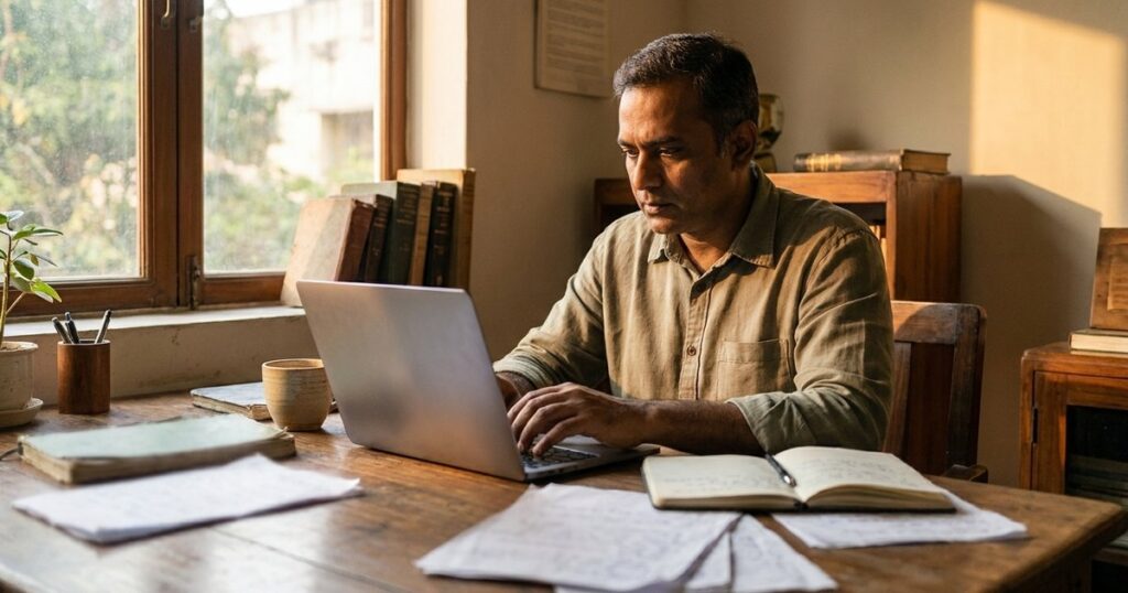Indian founder working on a laptop in a sunlit office, embodying the challenges of startup documentation and equity management.