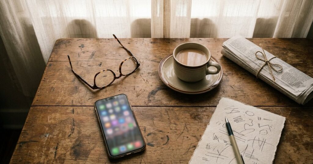 Overhead flat-lay of objects on a desk, reflecting themes of adaptation and sustainability in Indian startups.