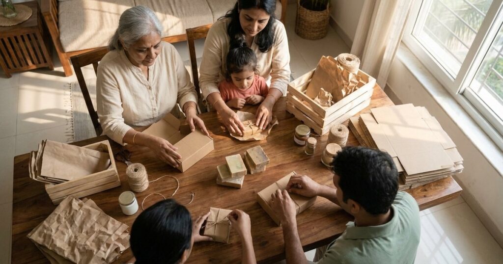 Indian family involved in packing products together, illustrating work-life balance and family involvement in business.