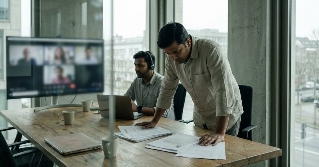 A hiring manager reviews candidate resumes in a startup office, with a colleague on a video call, reflecting a structured hiring process.