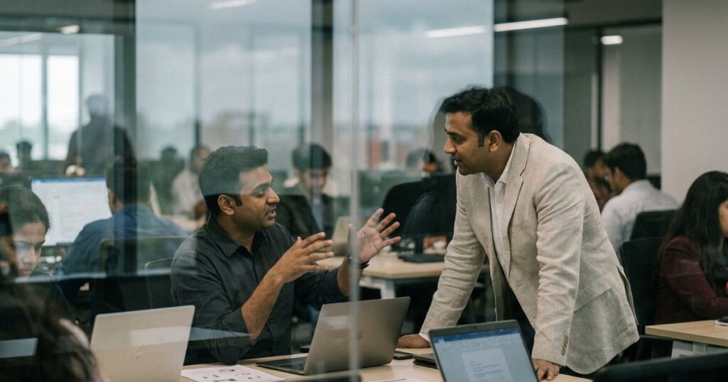 Two sales professionals discussing customer pain points in a glass-walled meeting room, illustrating sales as a learning tool.