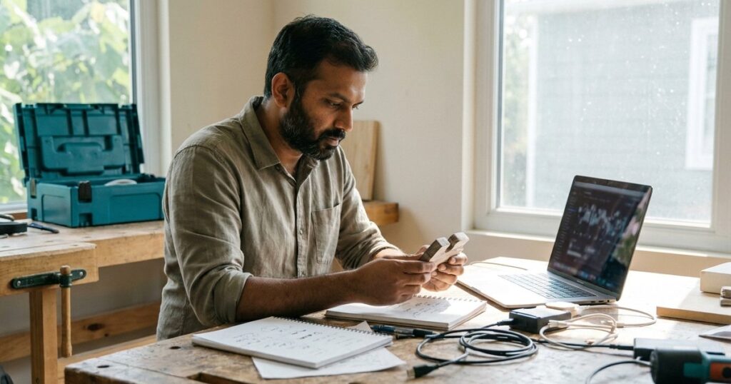An Indian founder in a modern office uses AI tools amidst a variety of objects, symbolizing AI's role in organizational learning.