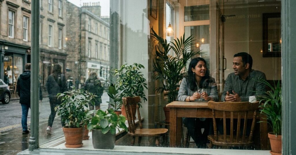 An Indian founder chats with a partner through a cafe window, illustrating growth and independence in bootstrapped business.