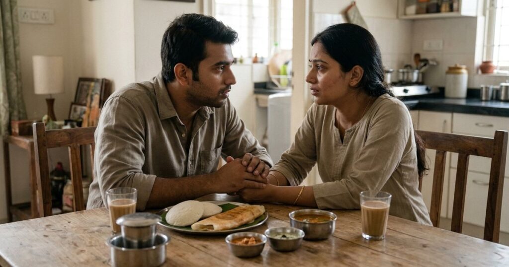 An Indian couple at a dining table discuss marriage-saving rules, embodying the article's focus on relationships in entrepreneurship.