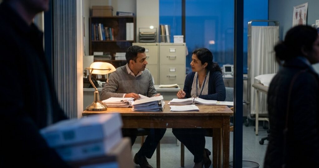 A clinic's financial discussion with a consultant and manager in a dusk-lit office, highlighting the complexity of financial health.