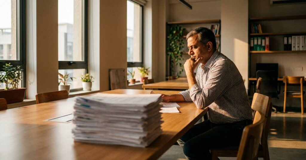 In an Indian startup office, a hiring manager reviews resumes at a table, emphasizing deliberate recruitment decisions.