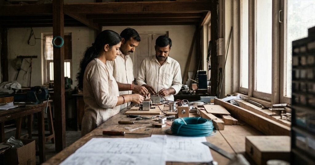 Founders assemble a product prototype in a sunlit workshop, highlighting principles of independent business building in India.