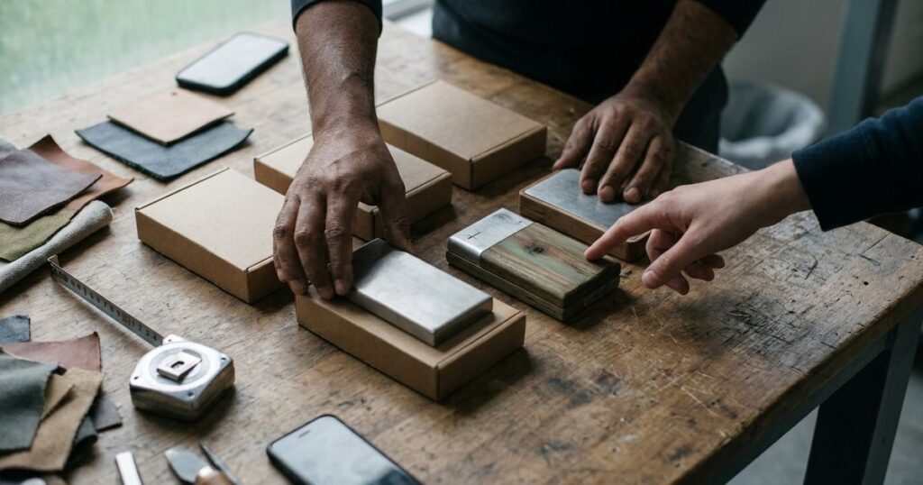 Indian founder and customer compare unbranded product options while discussing value-based pricing