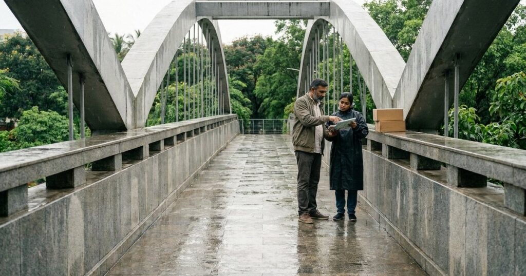 Indian startup founders navigate a rain-wet Bengaluru bridge, suggesting smarter bets and adaptive decision-making.