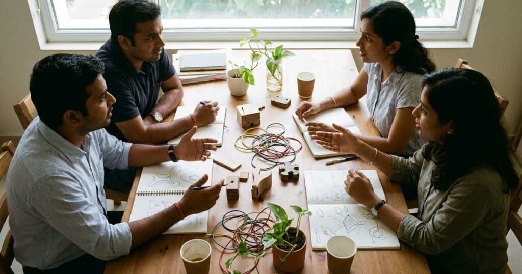 Indian startup professionals discuss adaptation and learning around a cluttered table with natural light illuminating the room.