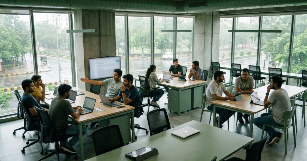 A startup office scene illustrating diverse roles impacting the bottom line in an Indian business environment.