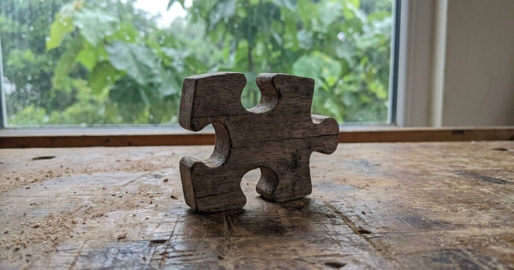 Close-up of a wooden puzzle piece on a workbench, reflecting systems thinking in Indian startups.