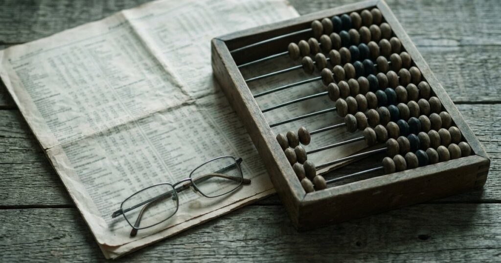 Overhead view of an abacus, financial newspaper, and glasses on a wooden desk, illustrating financial language concepts.