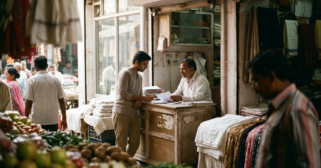 A street-level view of an Indian marketplace shows a founder discussing business within a lively, colorful setting.